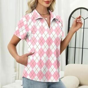 Golf Polo Pink & White Shirts Short Sleeve Tops Moisture Wicking With Pockets